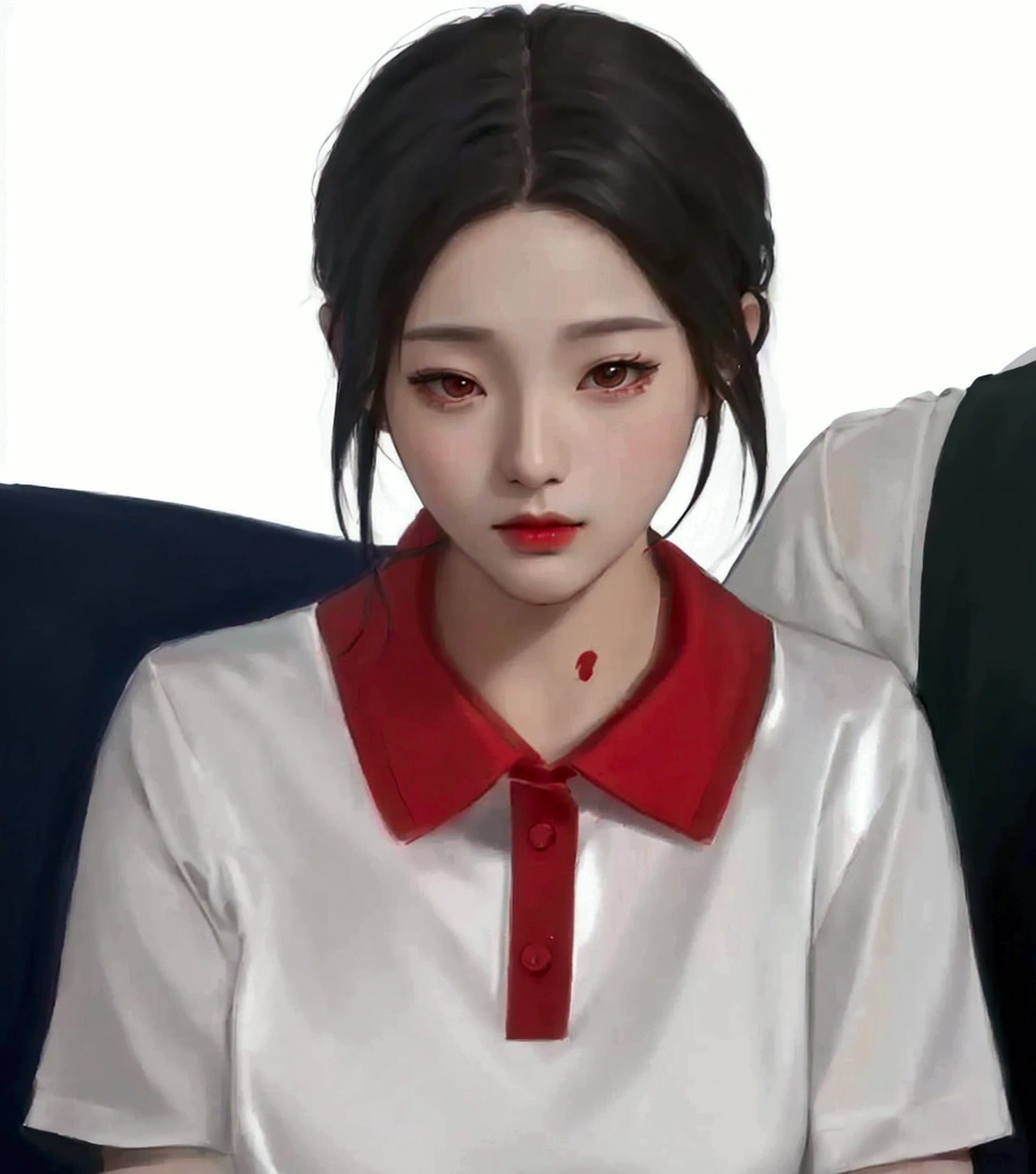 There was a woman sitting wearing a red collared shirt., Inspired by Sim Sa Jung, Korean girl, Realistic anime style, Made with Anime Painter Studio., korean woman, Artwork in the style of gouache, digital pain, In the art form of the pond, digital anime illustration, digital painting, digital painting, digital paintingที่นุ่มนวล