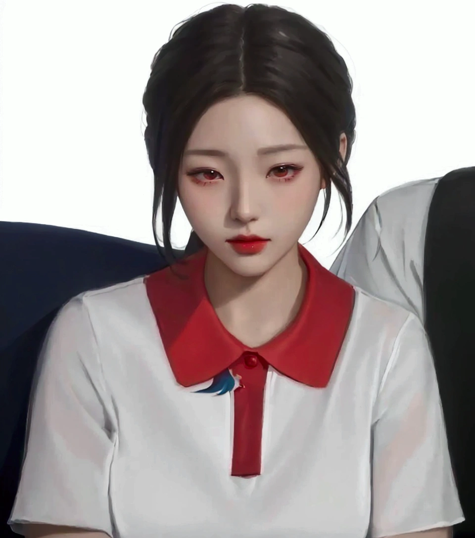 There was a woman sitting wearing a red collared shirt., Inspired by Sim Sa Jung, Korean girl, Realistic anime style, Made with Anime Painter Studio., korean woman, Artwork in the style of gouache, digital pain, In the art form of the pond, digital anime illustration, digital painting, digital painting, digital paintingที่นุ่มนวล