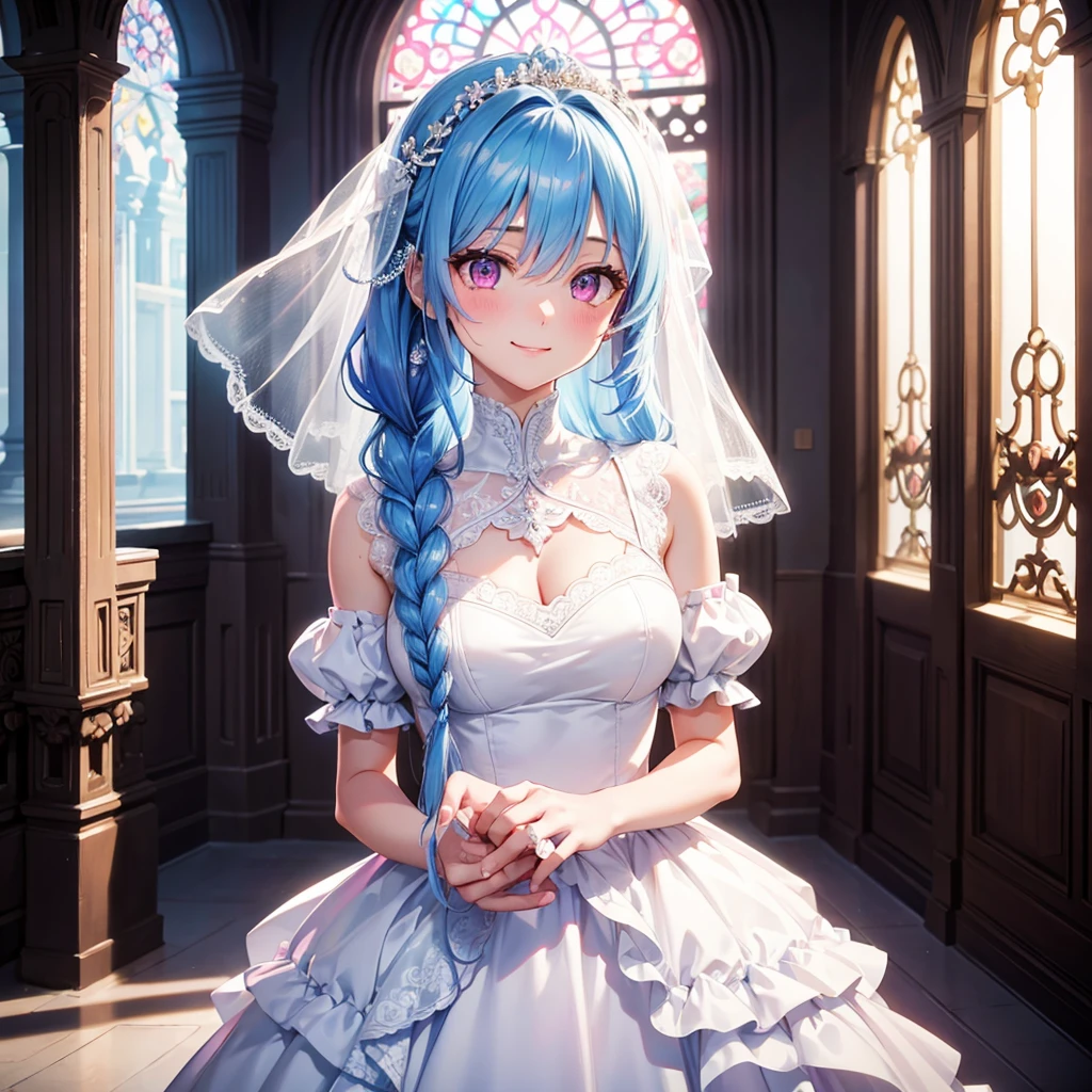 Sky Blue Medium Hair, (Braided Hair),(Pink Eyes),Fair skin ,(whole body),(1 girl),bride,smile、Straight bangs, 6月のbride,Wedding dress,(masterpiece, Highest quality, Very detailed, Best Shadow), (Detailed Background), (Beautifully detailed face), High Contrast, (Best lighting, Very delicate and beautiful), ((Cinematic Light)), colorful, Hyper Detail, Dramatic Light, Intricate details,Wedding hall,