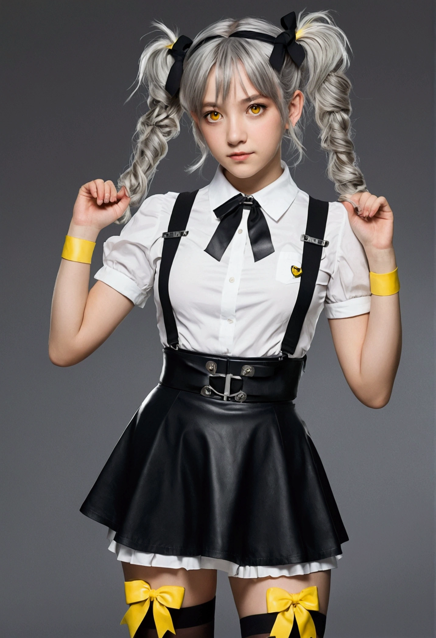 A  girl yellow eyes and silver hair in twin pigtails tied with black ribbons. She wears a black headband adorned with five light bulbs. She appears to be wearing a short-sleeved dress with pockets on the side and a black leather belt. She also wears knee-high stockings with visible suspenders. She dons a yellow armband around her left bicep.