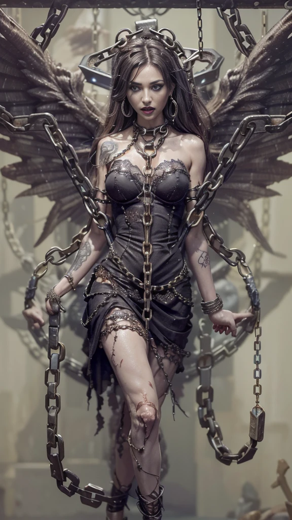 (32K:1.5, Dark fantasy:1.4, Horror Portrait:1.4, Highest quality, masterpiece, Ultra-high resolution), Perfect dynamic composition:1.3, chaos, darkness, Prisoner, slave, Dark Demon World:1.3, (Detailed tattoos on the whole body:1.4, Wearing elaborate jewelry:1.4), Very detailedな肌と顔の質感:1.3, Very accurate, Very detailed, (Sexy succubus demon with big wings:1.3, Incredibly slim body:1.3, beautifully、beautiful:1.3), Horn, Fair skin, Sensual posture, (Putting Badly Torn Clothing Back on Properly:1.3), Medium chest, (Big eyes that exude beautiful eroticism:0.4, Feel the intense caress:1.0, Please open your mouth a little, lipstick, Feel the beautiful eroticism:0.9, Too sexy:0.9, charm的な:0.9), ((Physical fear:1.5, Lots of chains:1.6, Countless chains tangled in clothes:1.6, Chain your right arm:1.5, Chain the left arm:1.5, The right leg is bound with a shackle and chain:1.5, The left leg is bound with a shackle and chain:1.5)), Super long blonde curly hair, Earrings, necklace, bracelet, romantic, mysterious, elegant, Object of admiration, original, dramatic, artistic, Innovative, charm, Heartful, Fancy, sense of openness, sense of cleanliness, special, exciting, Extreme, Tilt, sense of loss, sorrow, sorrowの表現, ((大人のcharm, 女性的なcharm))