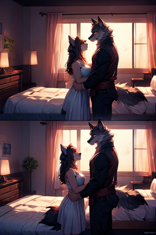 one wolf couple, romantic, bedroom, 4k, bright