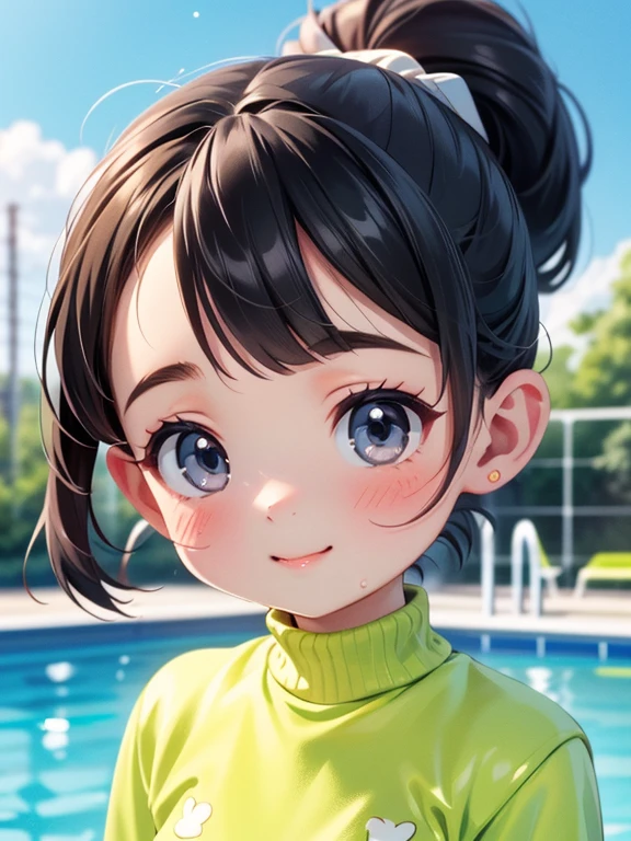 Highest quality、High resolution、Detailed Background、(((whole body)))、(Beautiful face in every detail:1.4)、Anatomically correct、(Detailed facial expressions)、(fine grain:1.2)、Teenage Beauty、Cute hair color、Braided Ponytail、Braided bob cut、Braided twin tails、Junior competitive swimmer, ((Turtleneck one piece swimsuit)), Clear sapphire glass swimsuit, Small breasts、Perfect body line、Thick thighs、((whole bodyショット)), View your audience, Poolside, Wet Skin, School swimming pool、 A kind smile、Fun atmosphere、Cute gestures