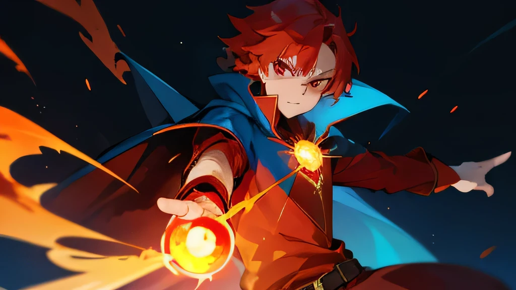 fire wizard, man, Red hair, Red eyes, throwing a tiny fireball with the index finger, extending the arm pointing forward, blue cape, Red shirt, has a round yellow gem on its neck, dark blue background, It is very close to the image