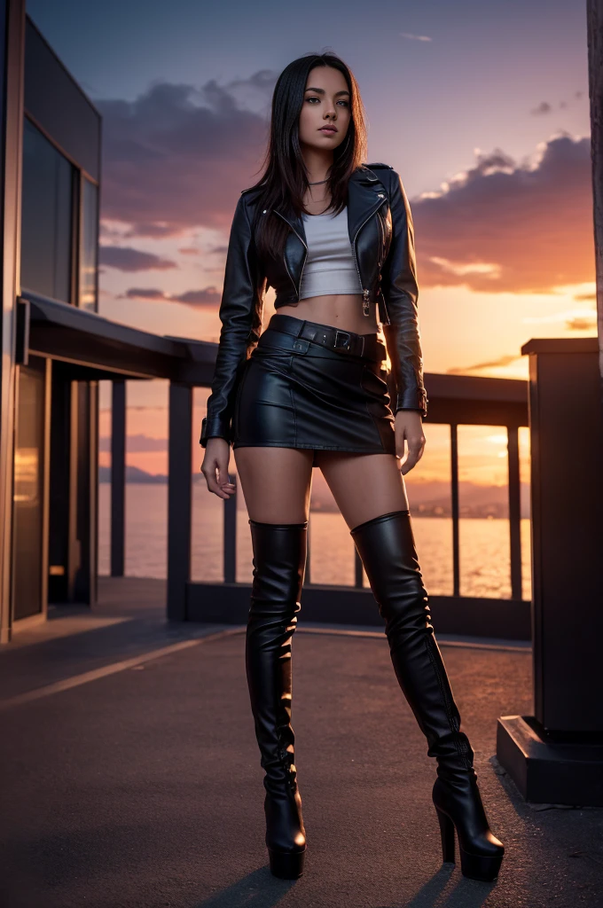 longitud total, white, rubio, standing in Whistler Square ( - Canada), wear a leather jacket over a thin one, pure immersion tank. She wears a very short black skirt and thigh-high platform boots.. The woman is beautiful., toned, wide thighs, bee waist and wide hips, body. The image is realistic., Very detailed. very high resolution, 8k rendering, Night lighting with setting sun and red horizon.. The city lights are burning. The lighting is perfect, the scene is clear, extreme realism, cinematographic image.