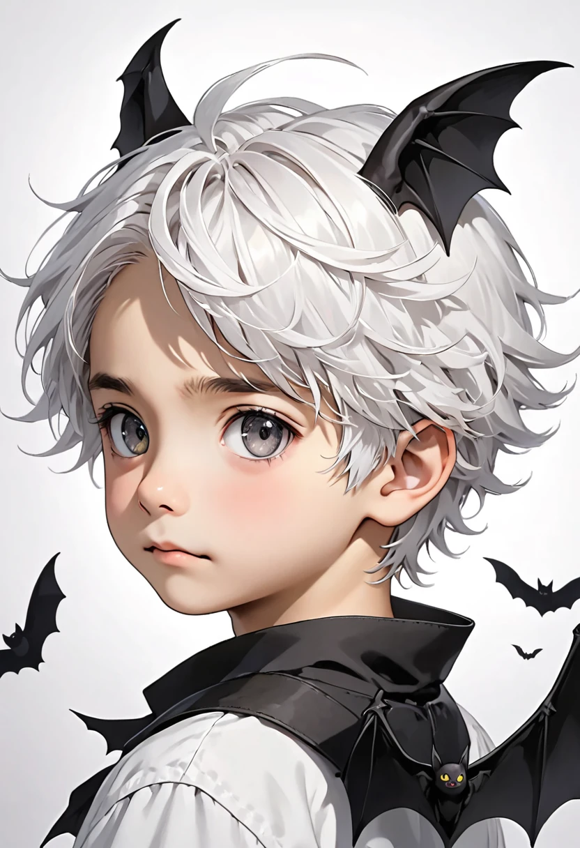 Boy, White hair, grey eyes, small black bat wings on the back and head