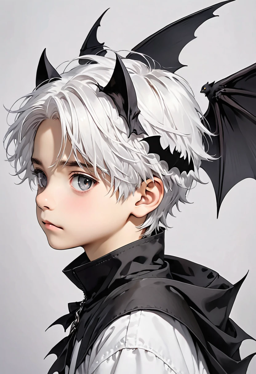 Boy, White hair, grey eyes, small black bat wings on the back and head