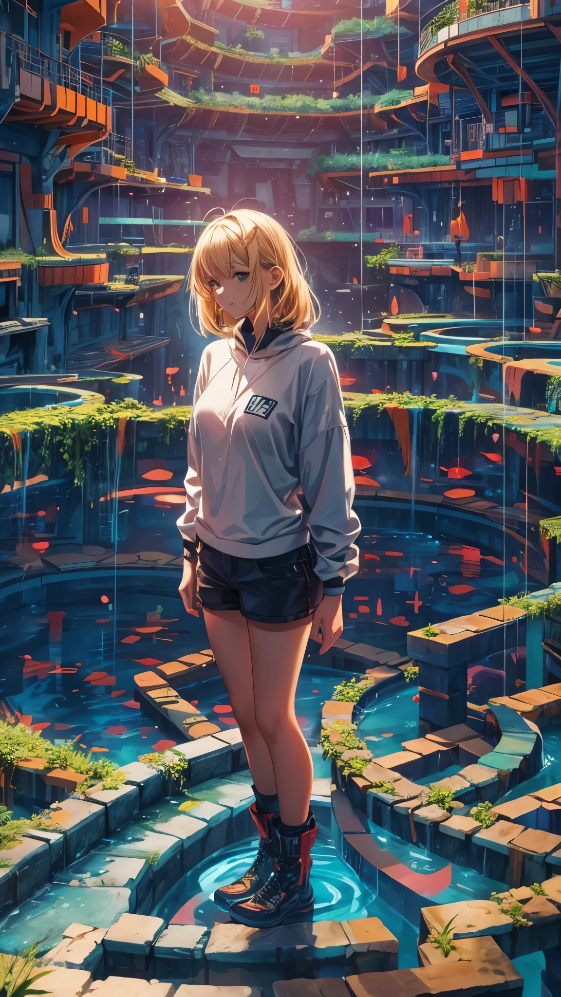 (highest quality, High resolution, Vibrant colors, Realistic), (Inside a giant maze made from a pool), 1 girl, 20-year-old female, Wearing military-style clothing, short blonde, walk through the maze, Mysterious lighting, Unrealistic atmosphere, Reflection Pool, Towering walls, complicated route, Distorted reflections, hidden passage, Quiet and eerie, A sense of adventure, Expectations, expedition, A twist that bends the heart, Unexpected Encounter, Isolation, vast and infinite, Immersive Experience, Escape to another world, A surreal journey