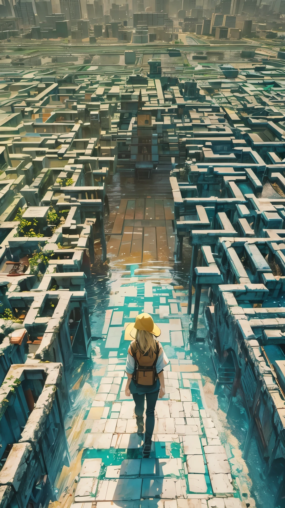 (highest quality, High resolution, Vibrant colors, Realistic), (Inside a giant maze made from a pool), 1 girl, 20-year-old female, Wearing military-style clothing, short blonde, walk through the maze, Mysterious lighting, Unrealistic atmosphere, Reflection Pool, Towering walls, complicated route, Distorted reflections, hidden passage, Quiet and eerie, A sense of adventure, Expectations, expedition, A twist that bends the heart, Unexpected Encounter, Isolation, vast and infinite, Immersive Experience, Escape to another world, A surreal journey