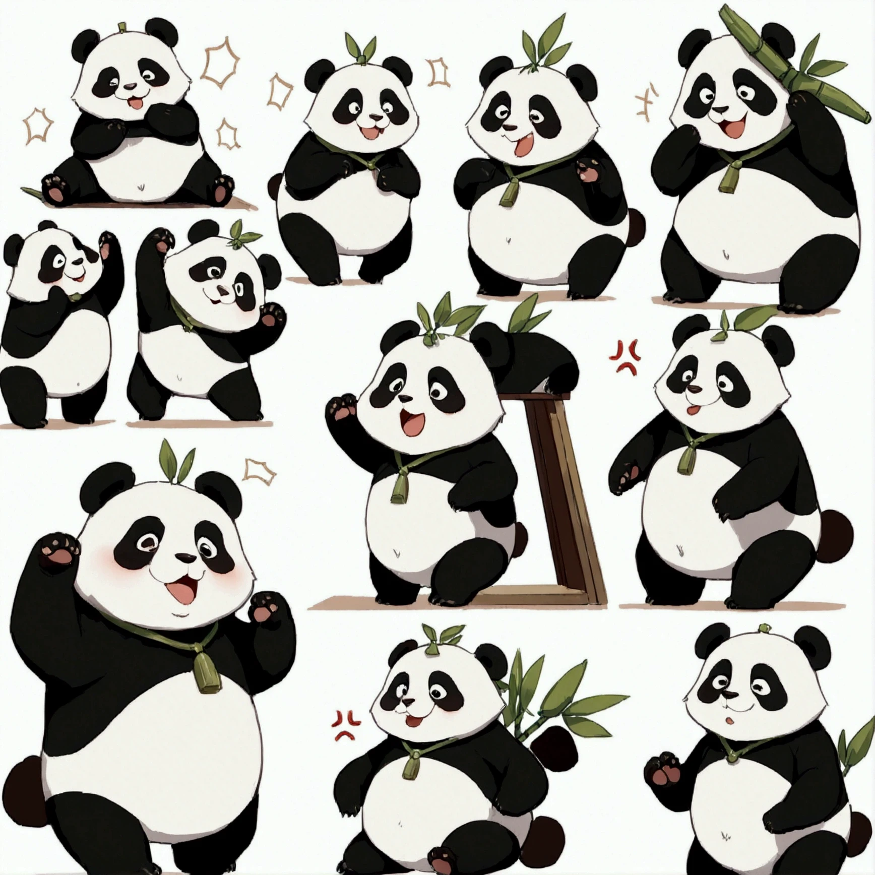 List of cute panda emoticons,cartoon animals,A bamboo leaf necklace is hanging on the belly,Hands on hips,Short legs, (((List of exaggerated action emoticons,Being patted on the head by a panda,hapiness、anger、Various expressions and poses such as naughty))) , (((Detailed panda animal portrait table,Front view,side view,three quarter view))) (((White background))),masterpiece,Extreme details,8K resolution,panoramic,Depth of Field