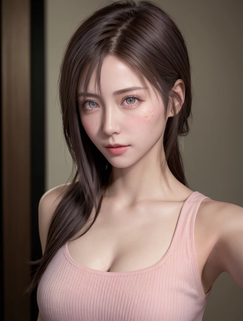 8K, Best Quality, masutepiece, Ultra High Resolution, (Realism: 1.4), Original photo, (Realistic skin texture: 1.3), (Film grain: 1.3), (Selfie angle), 1 girl, Pink clothes, Sapphire eyes and beautiful facial details, masutepiece, Best Quality, close-up, Upper body top quality image quality pull-up