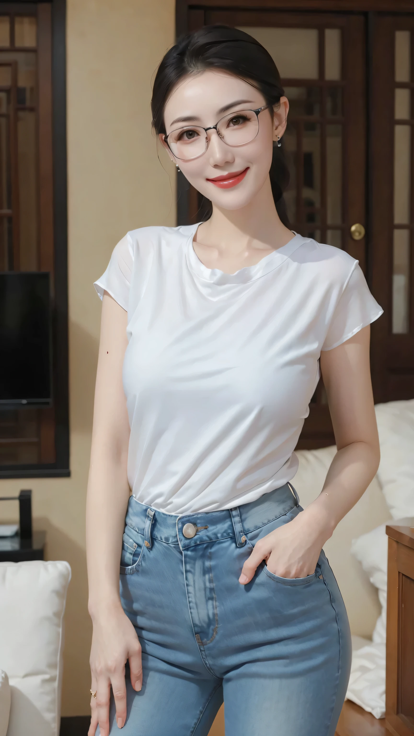 ((RAW photograph, Realistic photo, Best quality, 8K, Masterpiece: 1.3)), (raw photo:1.2), Hyperrealist portrait gorgeous Beautiful Chinese woman, mature woman, 40 years old, pretty slender body, (beautiful breast: 1.2), very detailed eyes and face, (lustfully naughty face, crimson red lip, heavy makeup: 1.3, blushing, wearing glasses: 1.2), beautiful detailed eyes, seductive sharp eyes, (charming smile: 1.2), smooth white skin, photo realistic, very detailed faces, ((chiffon t-shirt, black denim tight pants)), (long legs: 1.2, beautiful long nails, wet body), chignon hairstyle, ((standing poses)), (home living room background)