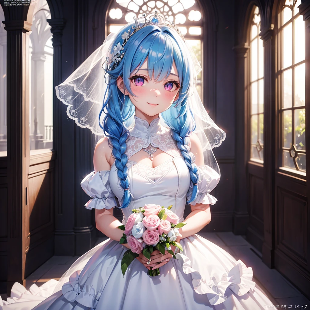 Sky Blue Medium Hair, (Braided Hair),(Pink Eyes),Fair skin ,(whole body),(1 girl),bride,smile、Straight bangs, 6月のbride,Wedding dress,(masterpiece, Highest quality, Very detailed, Best Shadow), (Detailed Background), (Beautifully detailed face), High Contrast, (Best lighting, Very delicate and beautiful), ((Cinematic Light)), colorful, Hyper Detail, Dramatic Light, Intricate details,Wedding hall,