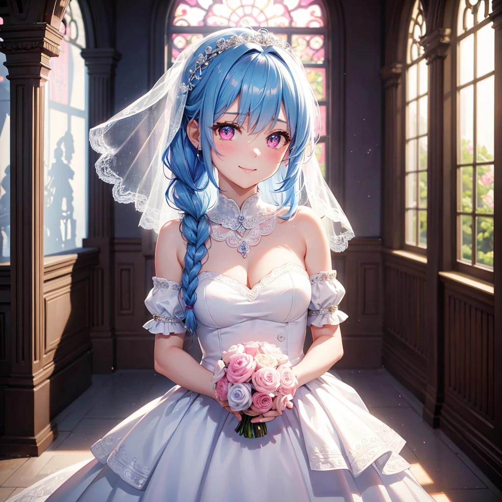 Sky Blue Medium Hair, (Braided Hair),(Pink Eyes),Fair skin ,(whole body),(1 girl),bride,smile、Straight bangs, 6月のbride,Wedding dress,(masterpiece, Highest quality, Very detailed, Best Shadow), (Detailed Background), (Beautifully detailed face), High Contrast, (Best lighting, Very delicate and beautiful), ((Cinematic Light)), colorful, Hyper Detail, Dramatic Light, Intricate details,Wedding hall,