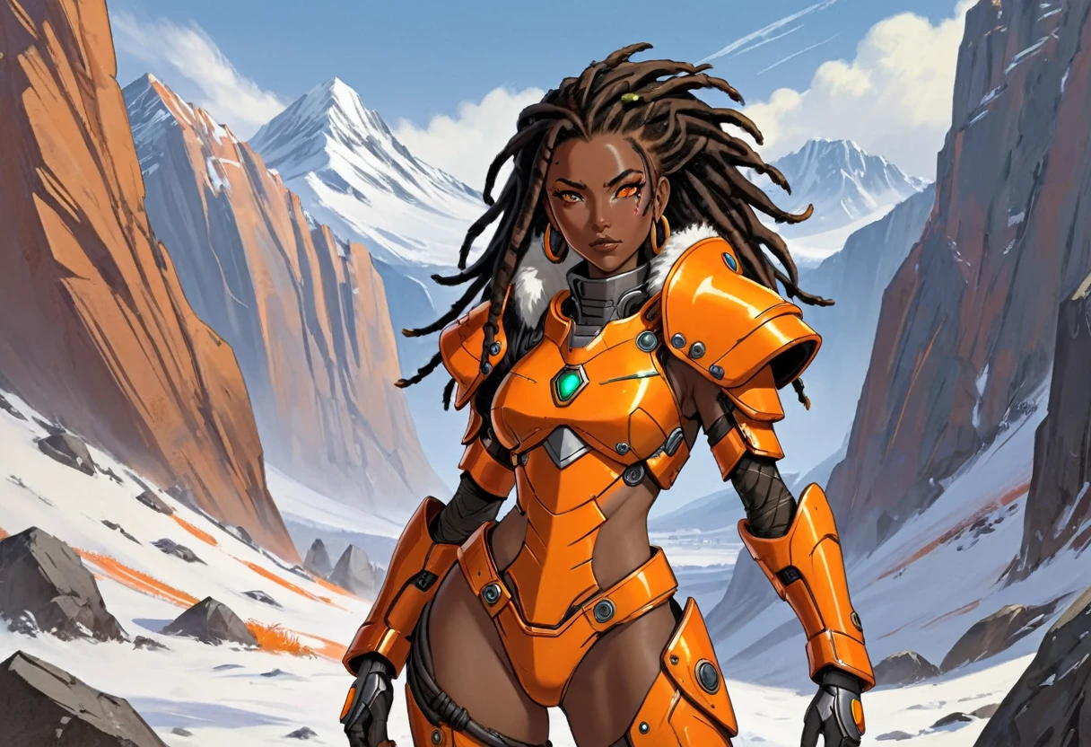 African woman with dark skin, dread locks, (black hair), pretty face, hoop earrings. (orange high tech power armor:1.2), (orange heavy armor), (orange power armor), (fur trim), visible wires, seam lines, orange shoulder pads, large shoulder pads, round shoulder pads, rivets, chipped paint. (loin cloth), (fur trim), fur cuffs, (bare hips, bare thighs). Background: wind swept mountain, blowing snow, rocky cliff, valley below
