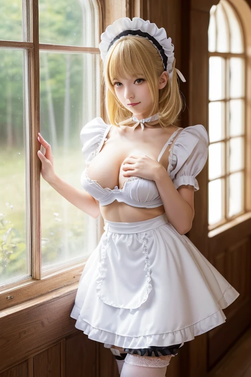 girl ドレスed in メイド outfit standing in front of a window, Beautiful and detailed art, Slender body line, Small and slim body type, (anime cat girl in a メイド costume), (メイド in a magical forest), (Fine hand:1.1), (Detailed eyes and face:1.2), (Perfect Anatomy:1.3), ((Blonde:1.2)), (Beautiful breasts:1.2), (Beautiful breastsにクローズアップ), (((Amira style maid costume:1.3, Maid costume that emphasizes the breasts:1.3))), flower pot, ribbon, Nice eyes, Beautiful Skin, (Beautiful Face, Baby Face:1.2, Idol's face), Slender body line, Small and slim body type, (Highest quality, 8k, masterpiece:1.2), Very detailed, (reality:1.4), (Tight waist:1.3),Detail down to your fingertips, Bold Pose,Long, slender legs,whole body,Cute pink room,