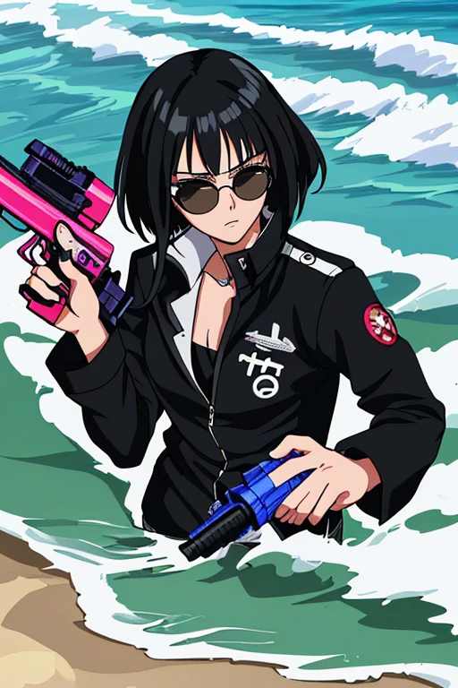 score up_9,source_anime,anime style,masterpiece,best quality,super detailed,super fine illustration,8k,Break beach,beautiful background,detailed background,Break holding watergun and set a target,detailed watergun,perfect watergun,Break black hair,sunglasses,black jacket,perfect hands,perfect fingers,perfect face,Break masterpiece,best quality,super detailed,super fine illustration,hyper realistic,ascy art,