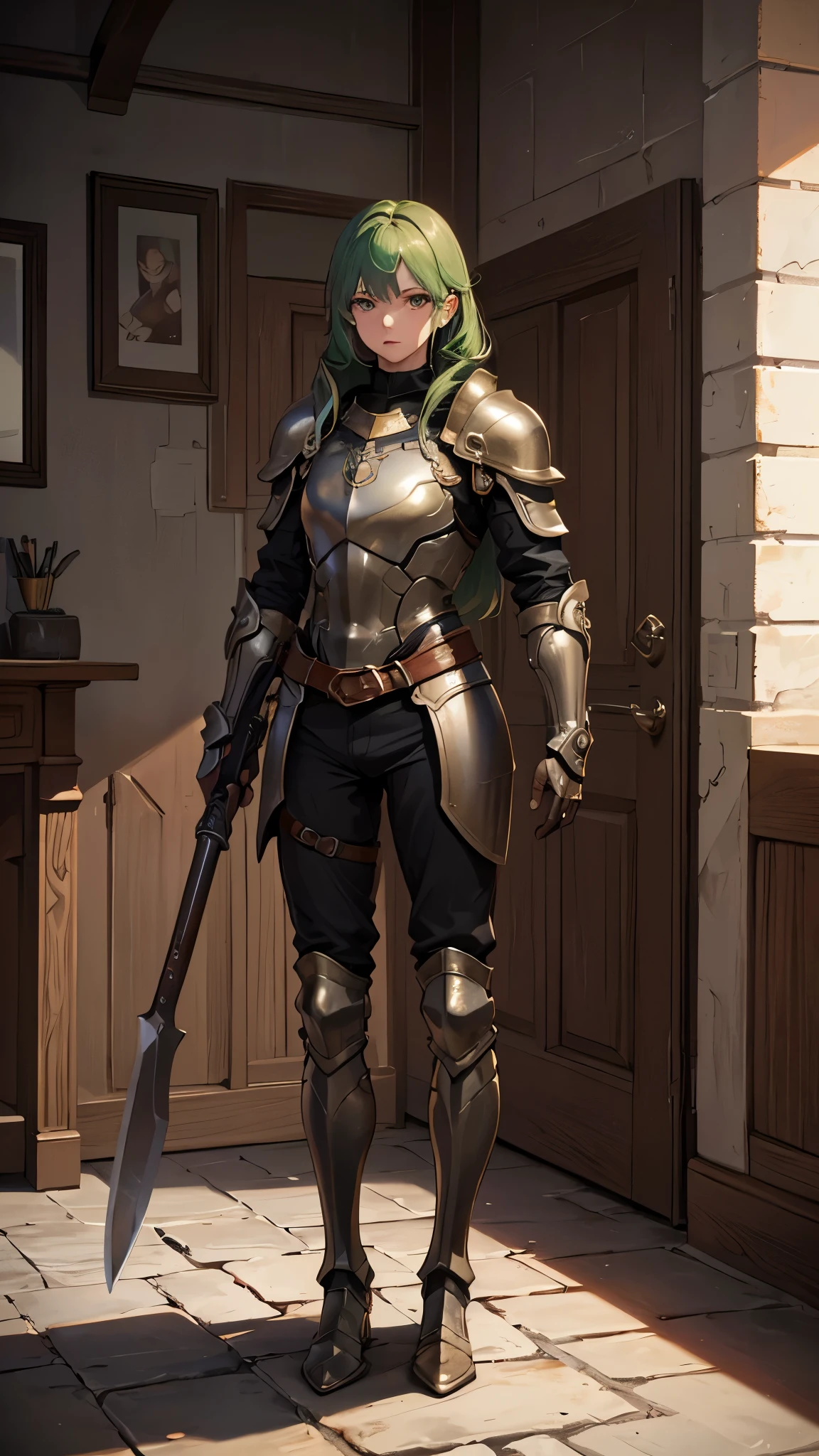 (masterpiece, 4K ,Super detailed:1.2), (anime:1), (Perfect quality), (Cold-hearted), (((Adult body))), armor, brown armor, commander, Battle Axe, Harness, Green Hair