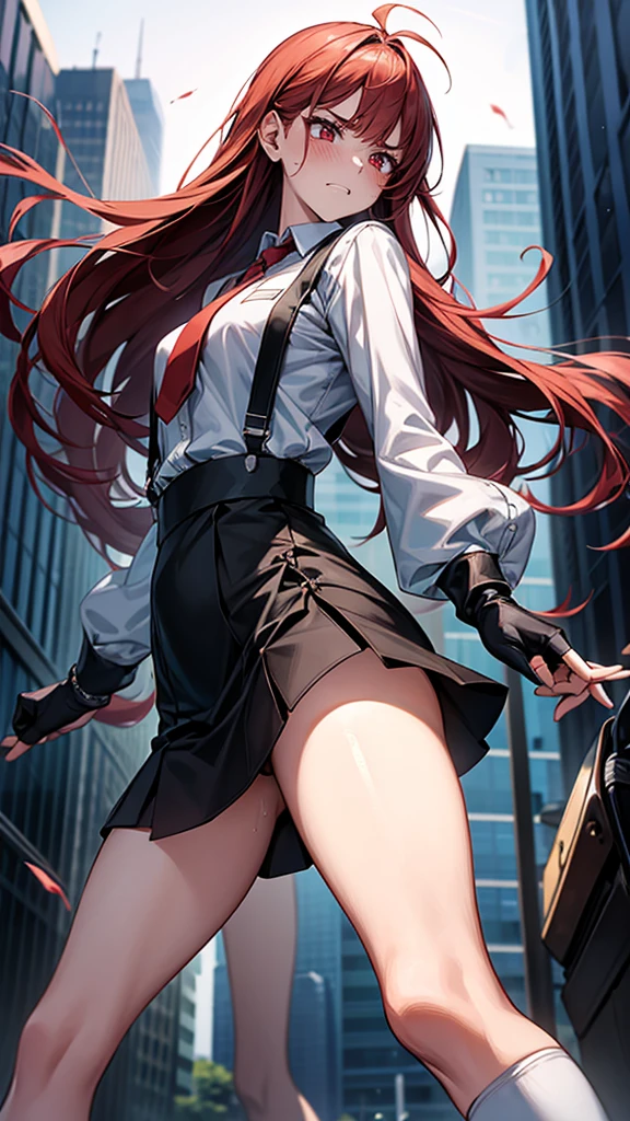 {{Dynamic composition}},{{masterpiece}}, {{{Highest quality}}},{{Very detailed}}, ,{{blushing with anger}},{{v-shaped eyebrows}},{{figure}},{{tall}},{{Adult female}},,{{Fighting stance}},{{from below}},｛from side｝,{{Long sleeve mini skirt uniform}},{{suspenders}},}}{}},{fighting stance}},{},{in the midst of battle}, ,{{}},{{Eyelet foot}},,{{}},{{action}},,Slender body}}{{Female police officer}},,,,suspenders　,Long sleeve mini skirt uniform, White High Socks,Black fingerless gloves, Long Red Hair, Red tie,Straight hair ,Blunt bangs,Thigh holster,.amountn loafer,,blush,Wrinkles ,amount,Grit your teeth,suffering,v-shaped eyebrows.,Sweat dripping,Medium chest ,get annoyed,,slums,,Twisting,
