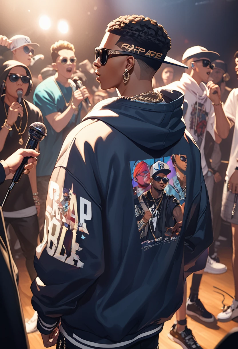 male,Rapper,Rap Battle,microphone,earrings,sunglasses,hoodie,Are standing,30th Generation,live house,close-up head,Still life