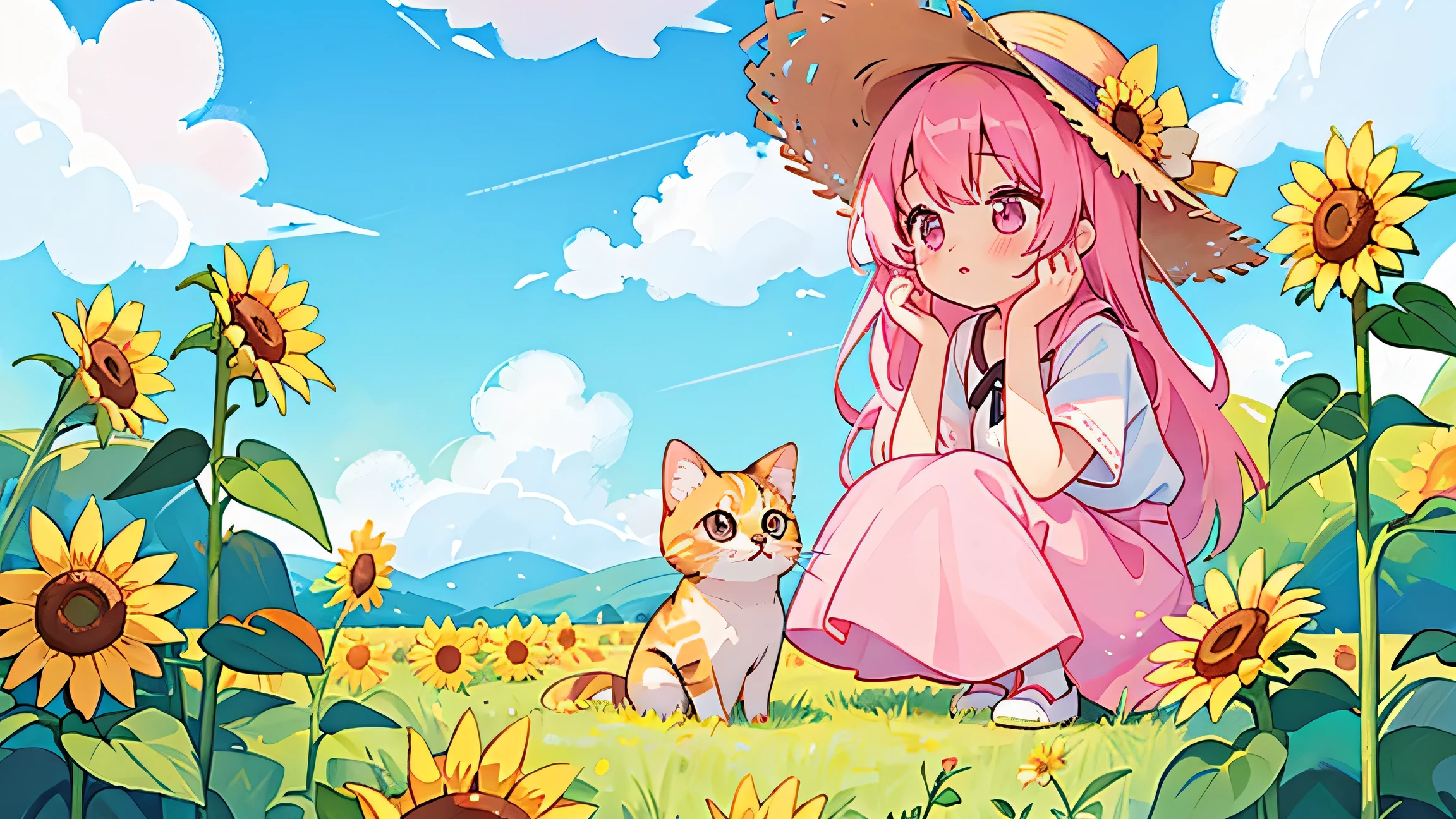 One Girl,cute design, The most beautiful girl of all time.Little、picnic,One kitten, Pink long hair, Pink Eyes,White clothes,Blue sky and clouds,Sunflower background,Girl wearing a straw hat,Put your hands on your knees,