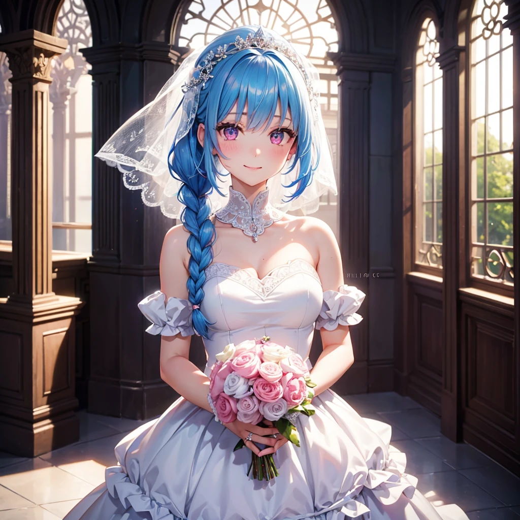 Sky Blue Medium Hair, (Braided Hair),(Pink Eyes),Fair skin ,(whole body),(1 girl),bride,smile、Straight bangs, 6月のbride,Wedding dress,(masterpiece, Highest quality, Very detailed, Best Shadow), (Detailed Background), (Beautifully detailed face), High Contrast, (Best lighting, Very delicate and beautiful), ((Cinematic Light)), colorful, Hyper Detail, Dramatic Light, Intricate details,Wedding hall,