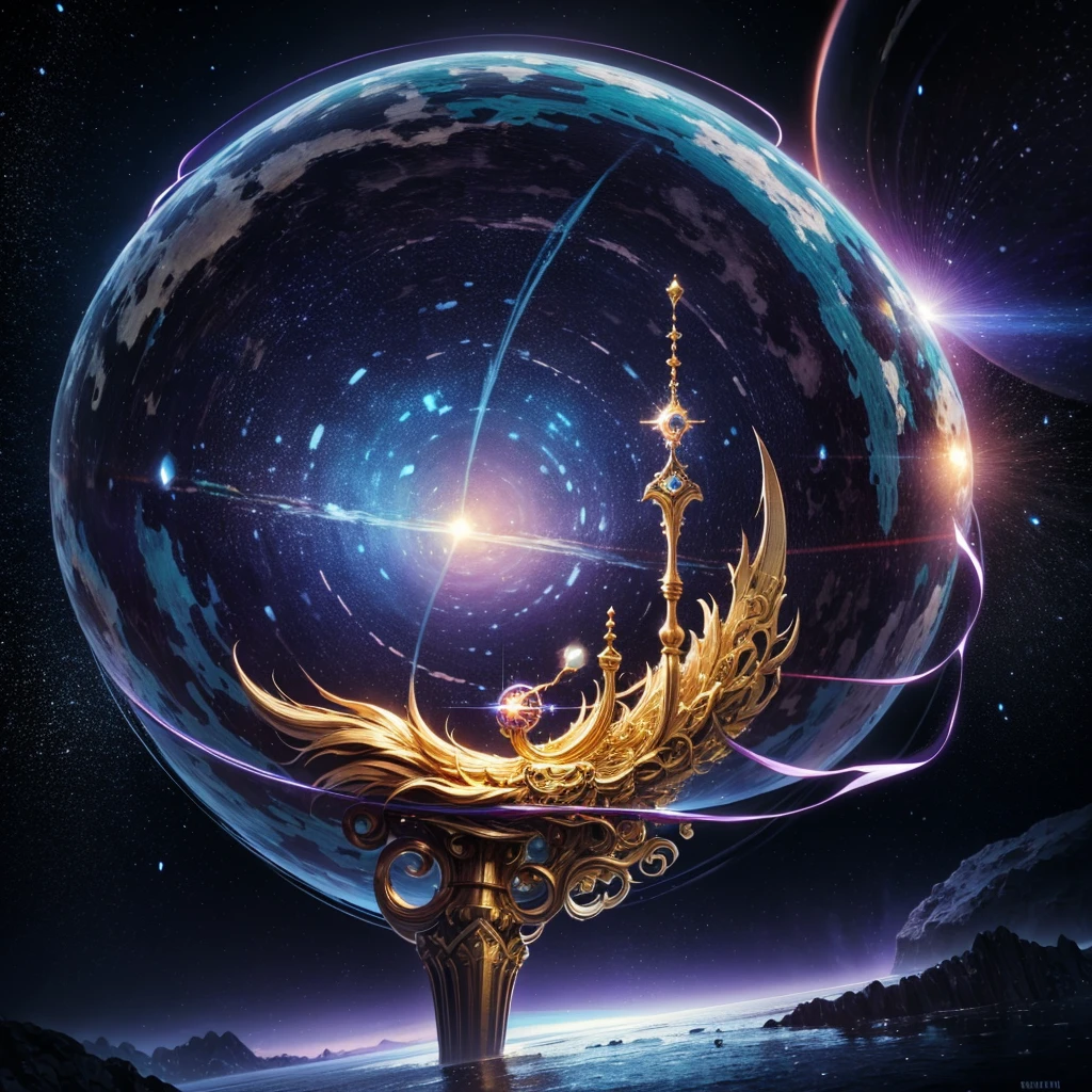 ultra detail, High resolution, ultra detailed, Best Quality, Amazing, top quality, Extremely detailed CG unity 8k wallpaper, cinematic lighting, A floating celestial metropolis with golden domes and tall towers levitates over a vast tranquil ocean. The horizon shows other distant metropolises. Heaven, extremely beautiful, exhibits distant planets and vibrant colors, predominating purples and blues. Advanced civilization in arcane and scientific arts.