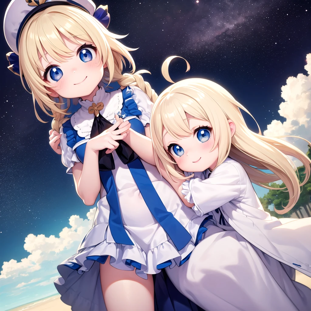Adorable baby, her little blonde hair, blue eyes like the sea, White skin, adorable eyes, He is smiling and with his hands up, anime style, 2d, genshin impact, Total quality.