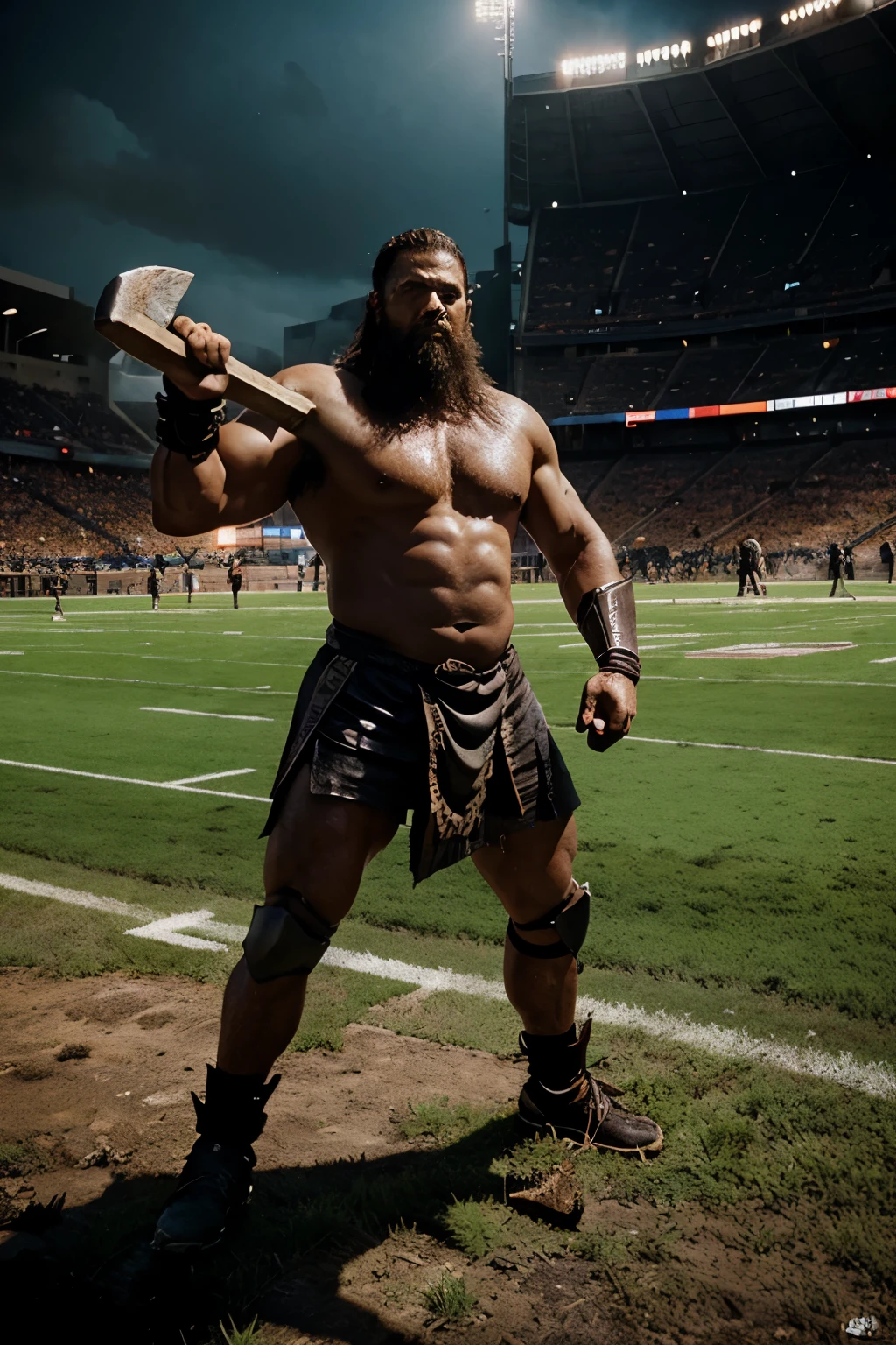 A standing berserker warrior, with a victorious posture, holding an ax. In front of him, a large alligator lies on the ground, still. The setting is an American football field evoking an epic and triumphant atmosphere..