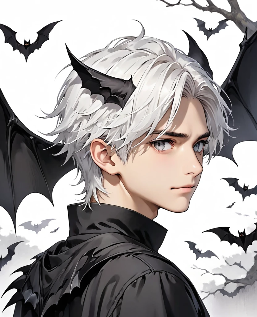 young guy, White hair, grey eyes, black bat wings on the back and head 