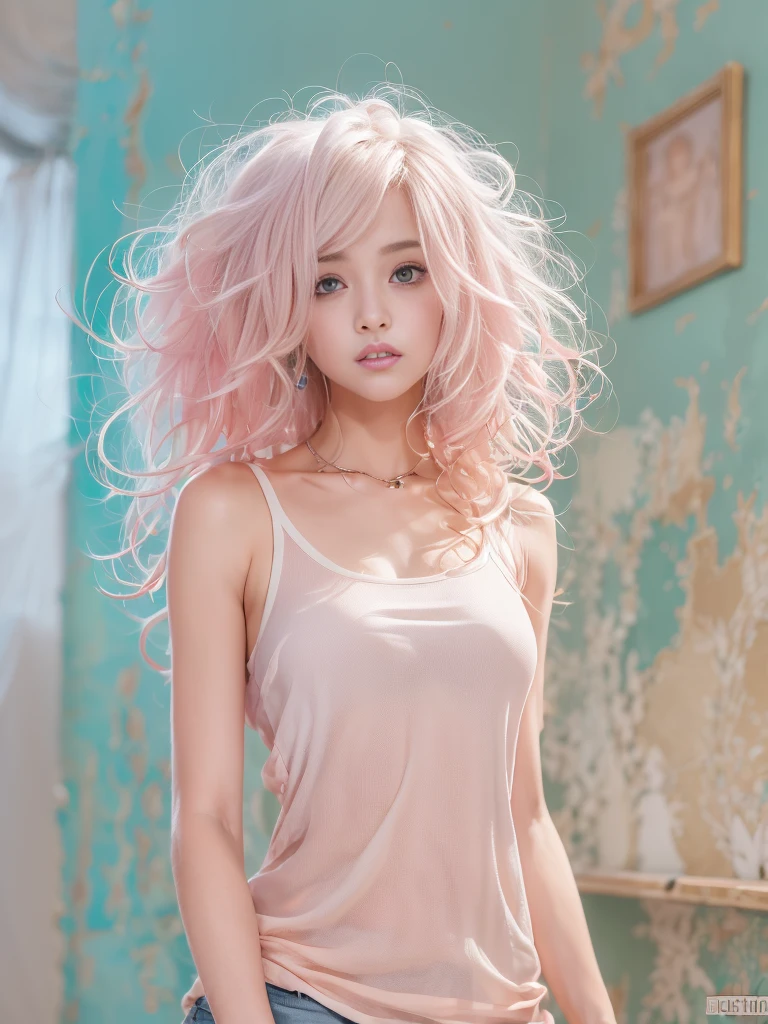 Light blue and pink color scheme,1 sexy girl ,Slender body,white curly hair, Bright colored camisole