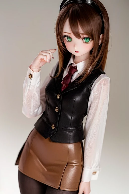 (SFW:2), photorealistic, realistic photo, 8k, ((highest quality)), ((masterpiece)), (extremely detailed), kukolnydom, doll, (mature woman, 22yo, 22 years old, solo:1.6), ((cowboy shot, standing, slim, slender, skinny, medium breasts, hairband, ascot, vest, blouse, long puff sleeves, pleated skirt, black pantyhose)), (green eyes, brown hair, long hair, plastic skin, looking at another, glass eyes, gradient eyes, shining eyes, detailed eyes:1.3)