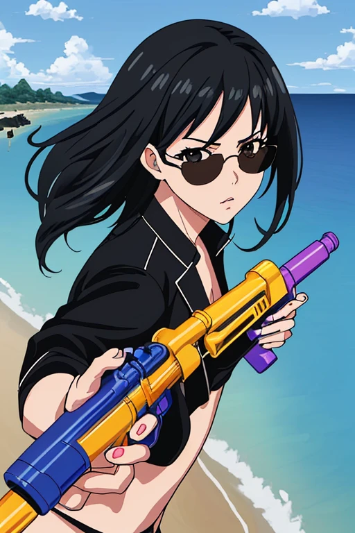 score up_9,source_anime,anime style,masterpiece,best quality,super detailed,super fine illustration,8k,Break beach,beautiful background,detailed background,Break holding watergun and set a target,detailed watergun,perfect watergun,Break black hair,sunglasses,black jacket,perfect hands,perfect fingers,perfect face, masterpiece,best quality,super detailed,super fine illustration,hyper realistic,ascy art,