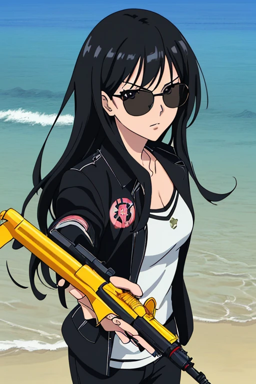 score up_9,source_anime,anime style,masterpiece,best quality,super detailed,super fine illustration,8k,Break beach,beautiful background,detailed background,Break holding watergun and set a target,detailed watergun,perfect watergun,Break black hair,sunglasses,black jacket,perfect hands,perfect fingers,perfect face, masterpiece,best quality,super detailed,super fine illustration,hyper realistic,ascy art,