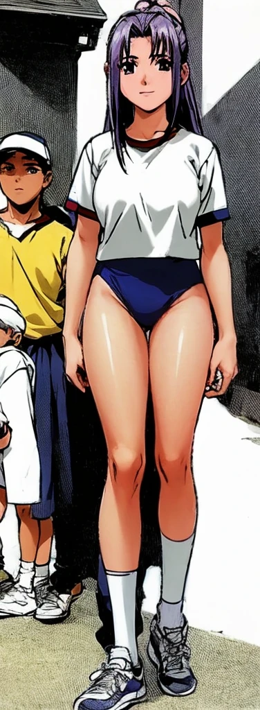 Momoko Koigakubo, a tall girl with beautiful legs, is standing with a smile on her face in a white gym uniform and light navy blue bloomers that look like panties.。Momoko Koigakubo is holding a young boy wearing a tracksuit。