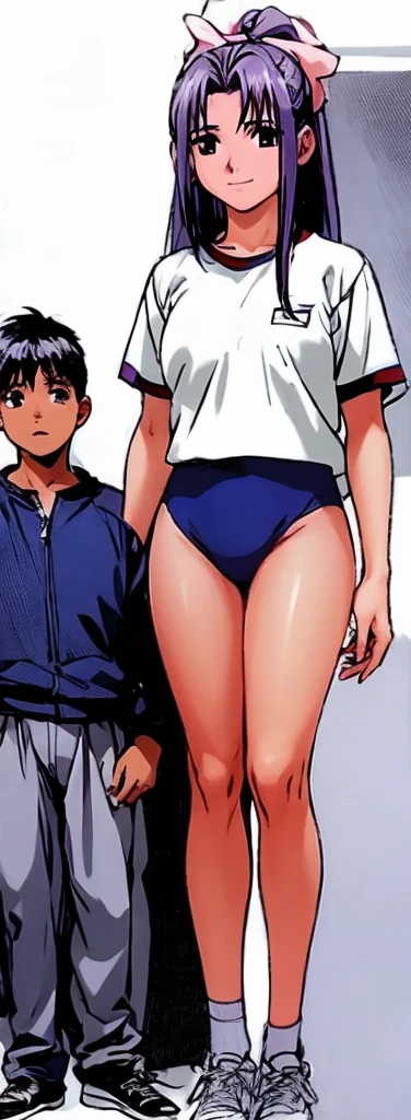 Momoko Koigakubo, a tall girl with beautiful legs, is standing with a smile on her face in a white gym uniform and light navy blue bloomers that look like panties.。Momoko Koigakubo is holding a young boy wearing a tracksuit。