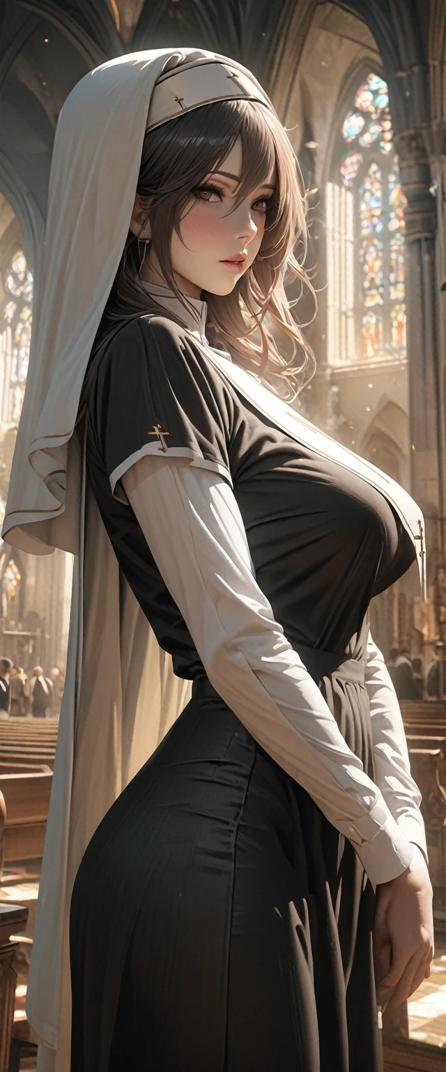 nun,full breasts,church,cross,8k,Super fine,hyper-realistic,masterpiece,high quality,Rich details
