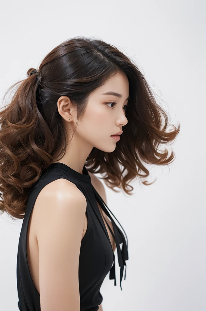 A side profile of a woman with a hippie perm hairstyle, set against a white background