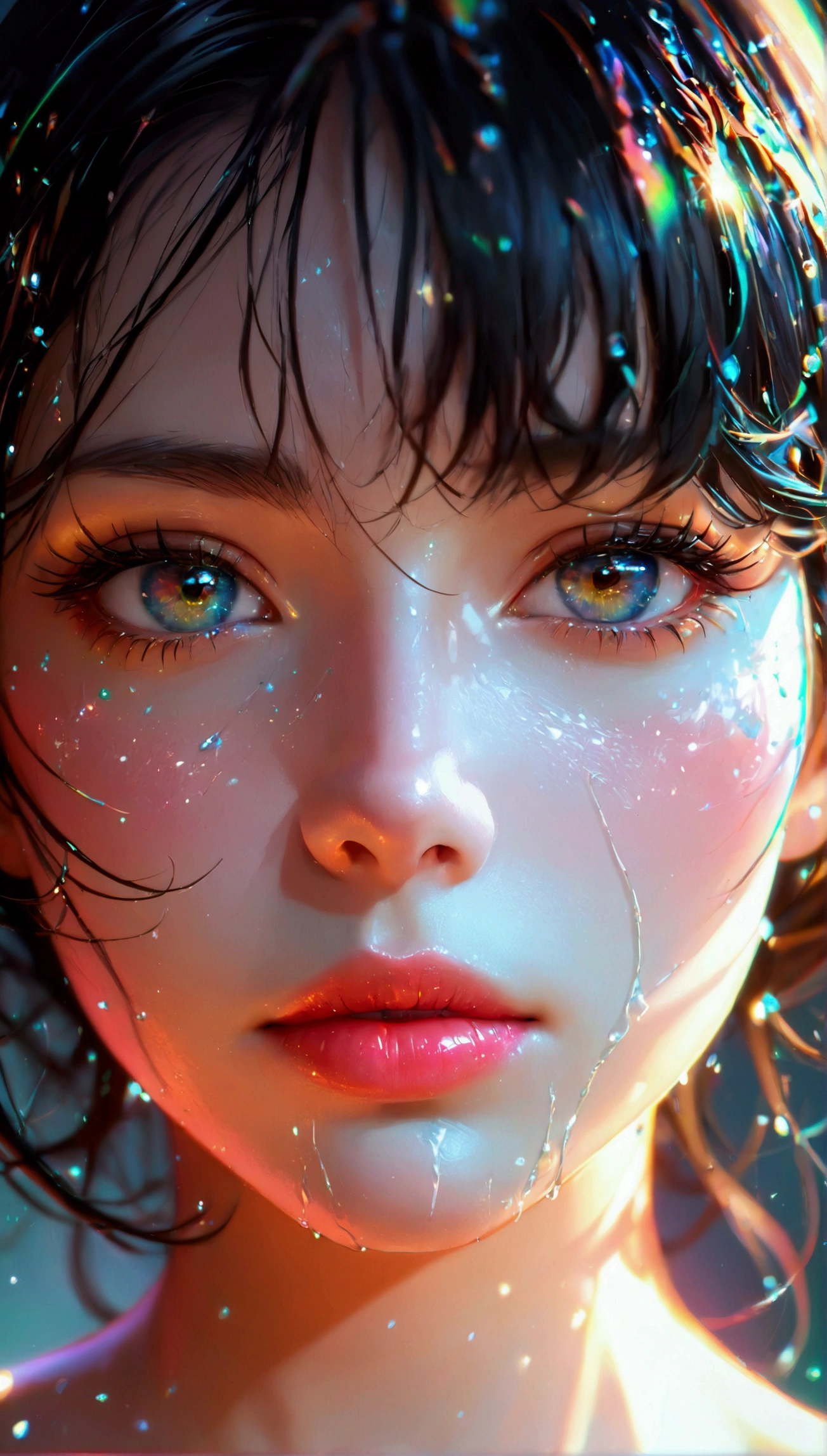 8k, RAW Photos, Realistic: 1.25), (Lip gloss, eyelash, Glossy face, Glowing Skin, Face close-up, Highest quality, Ultra-high resolution, Written boundary depth, chromatic aberration, Caustics, Moisturized lips, super cropped face, Sparkling, Detailed eyes, Japanese beauty,Black Hair,