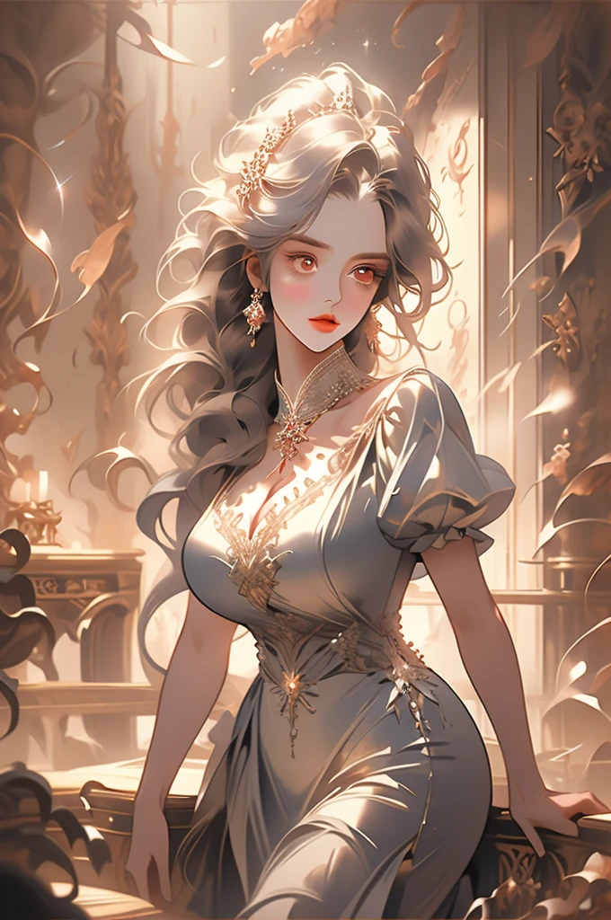 (very delicate, Masterpiece, Excellent lighting and shadows, HD wallpaper 8K), woman, white hair, Long straight, red eyes, big eyes, plump lips, big breasts, wide hips, white dress, In the middle of the sea, glitter, gentle, Lots of detail.