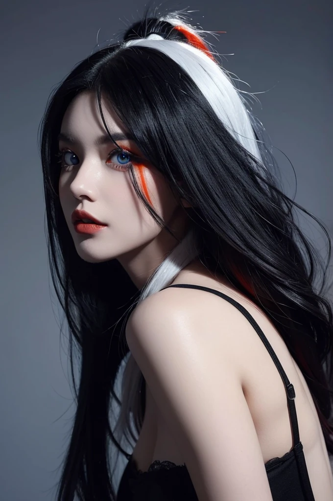 girl hairy,Wolf , Black and white hair,, Red Hair Dyeing Tips, Long hair, Blue and Red,One blue eye, One orange eye headless