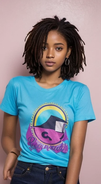 girl of 21 , of Cape Verdean and Ethiopian origin,very sexy, with loxe dyed at the end in purple , dressed in a Bob Marley patterned t-shirt with a toro persigue on his nose