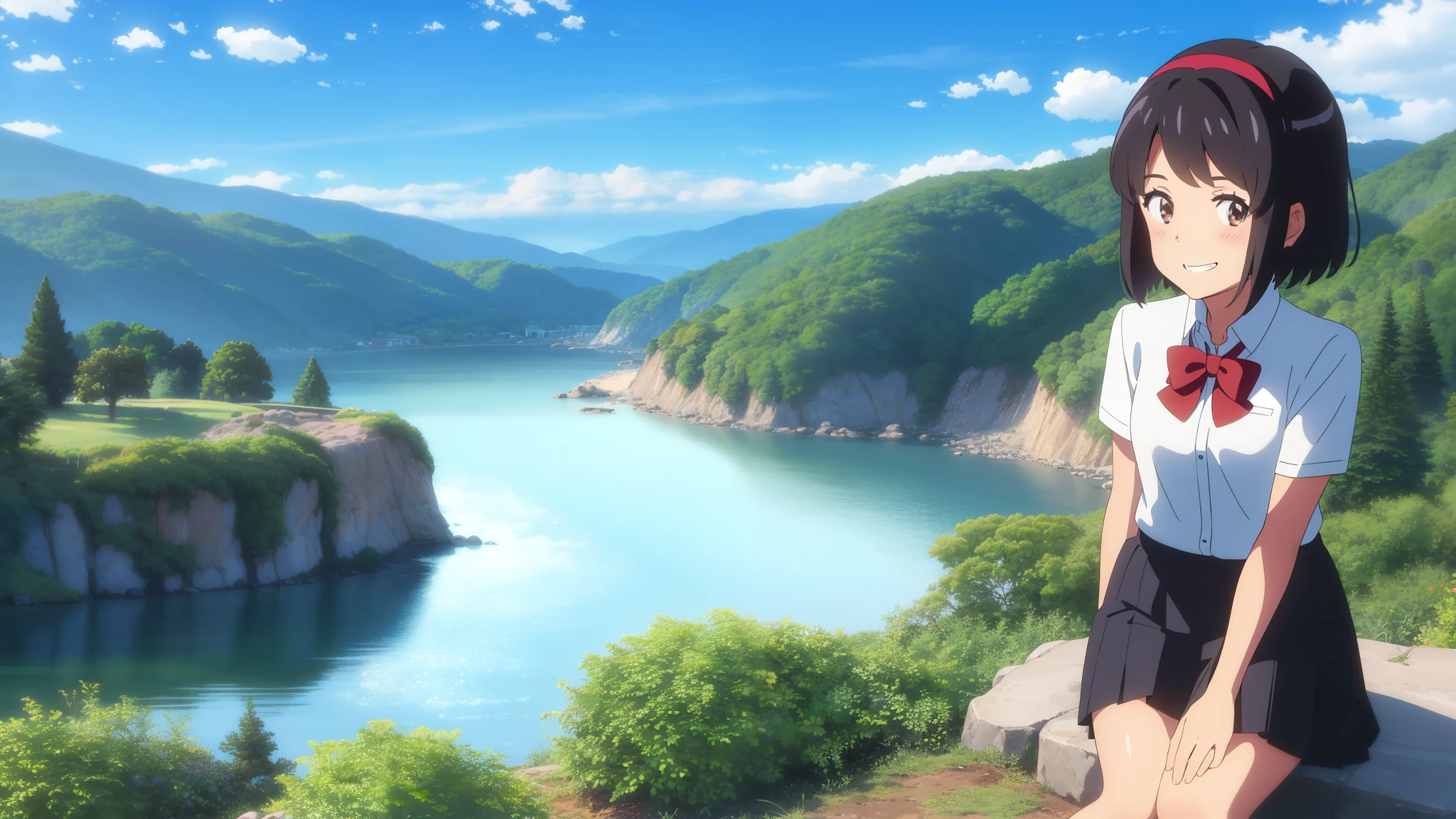 shinkai makoto, kimi no na wa., 1girl, bangs, black hair, blush, expressive eyes, brown eyes, perfect face, looking at the viewer, school outfit, white collared shirt, red headband, red ribbon, red bow, short sleeves, black skirt, short hair, solo, outdoors, shinny skin, smile, cute, grin, cloudy, blue sky, mountains, rocks, sitting, (masterpiece), best quality