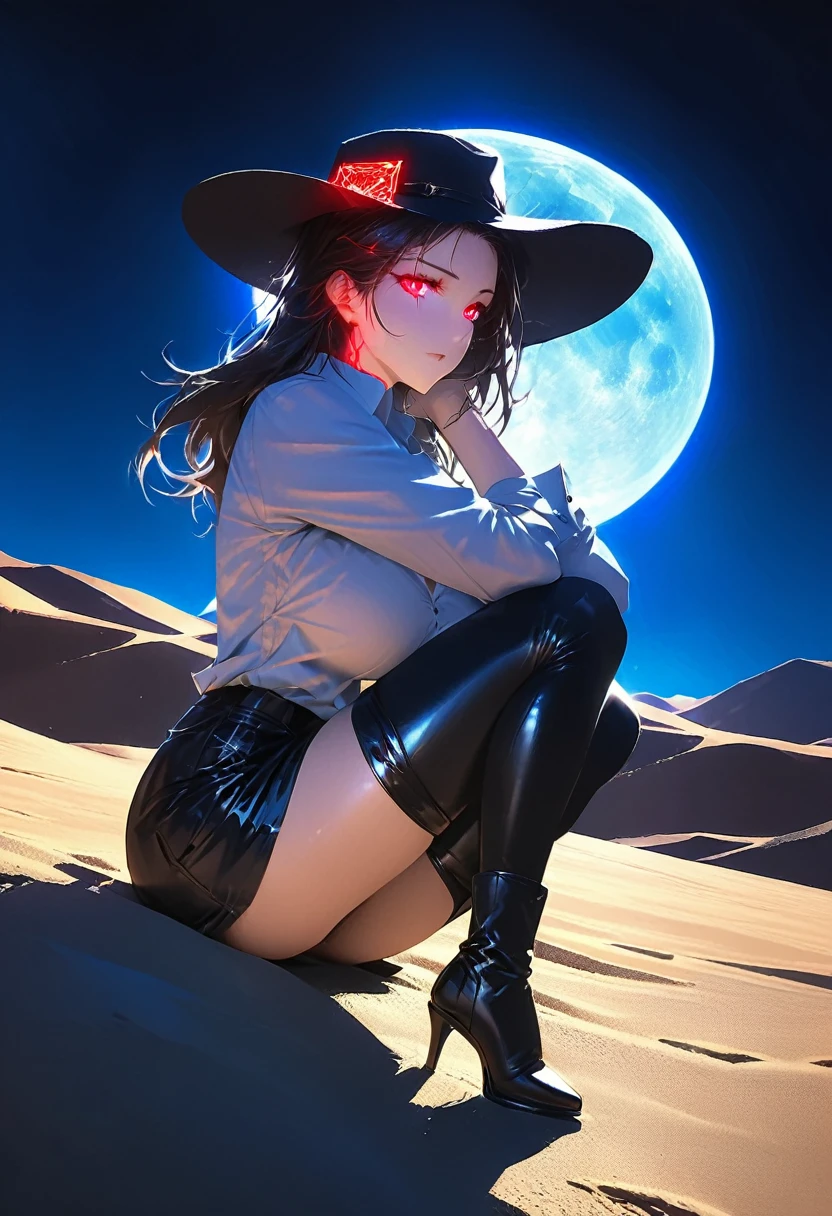 a picture of a female vampire cowboy in the desert night, a goth beauty, exquisite beautiful female vampire, ((anatomically correct: 1.5), (ultra detailed face: 1.2), best detailed face, red glowing eyes, full body, busty, wearing white bottom shirt, short skirt, dynamic color, wearing (Gambler Crease  hat: 1.2), wearing high heeled boots, it is night time in the desert, moon light. moon rays, west America desert canyon background, Hyperrealism style, vibrant, Ultra-high resolution, High Contrast, (masterpiece:1.5), highest quality, Best aesthetics), best details, best quality, highres, ultra wide angle, 16k, [ultra detailed], masterpiece, best quality, (extremely detailed) RAW, chumbasket art style, rpg portrait photograph, magical sky