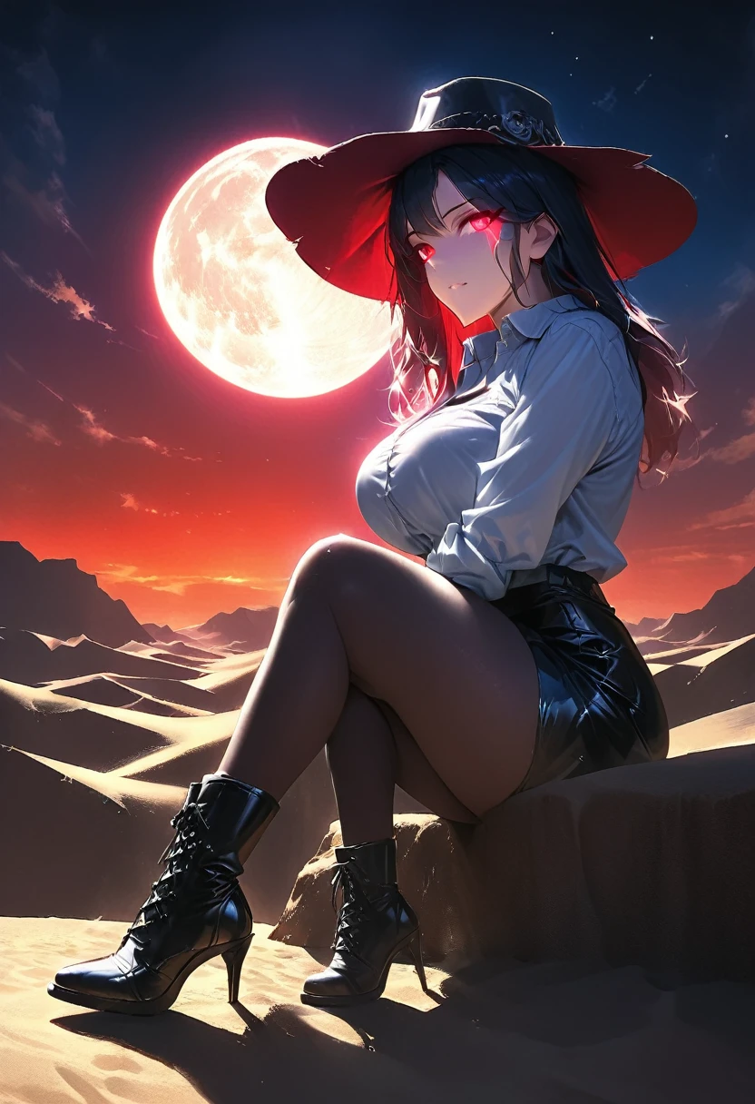 a picture of a female vampire cowboy in the desert night, a goth beauty, exquisite beautiful female vampire, ((anatomically correct: 1.5), (ultra detailed face: 1.2), best detailed face, red glowing eyes, full body, busty, wearing white bottom shirt, short skirt, dynamic color, wearing (Gambler Crease  hat: 1.2), wearing high heeled boots, it is night time in the desert, moon light. moon rays, west America desert canyon background, Hyperrealism style, vibrant, Ultra-high resolution, High Contrast, (masterpiece:1.5), highest quality, Best aesthetics), best details, best quality, highres, ultra wide angle, 16k, [ultra detailed], masterpiece, best quality, (extremely detailed) RAW, chumbasket art style, rpg portrait photograph, magical sky