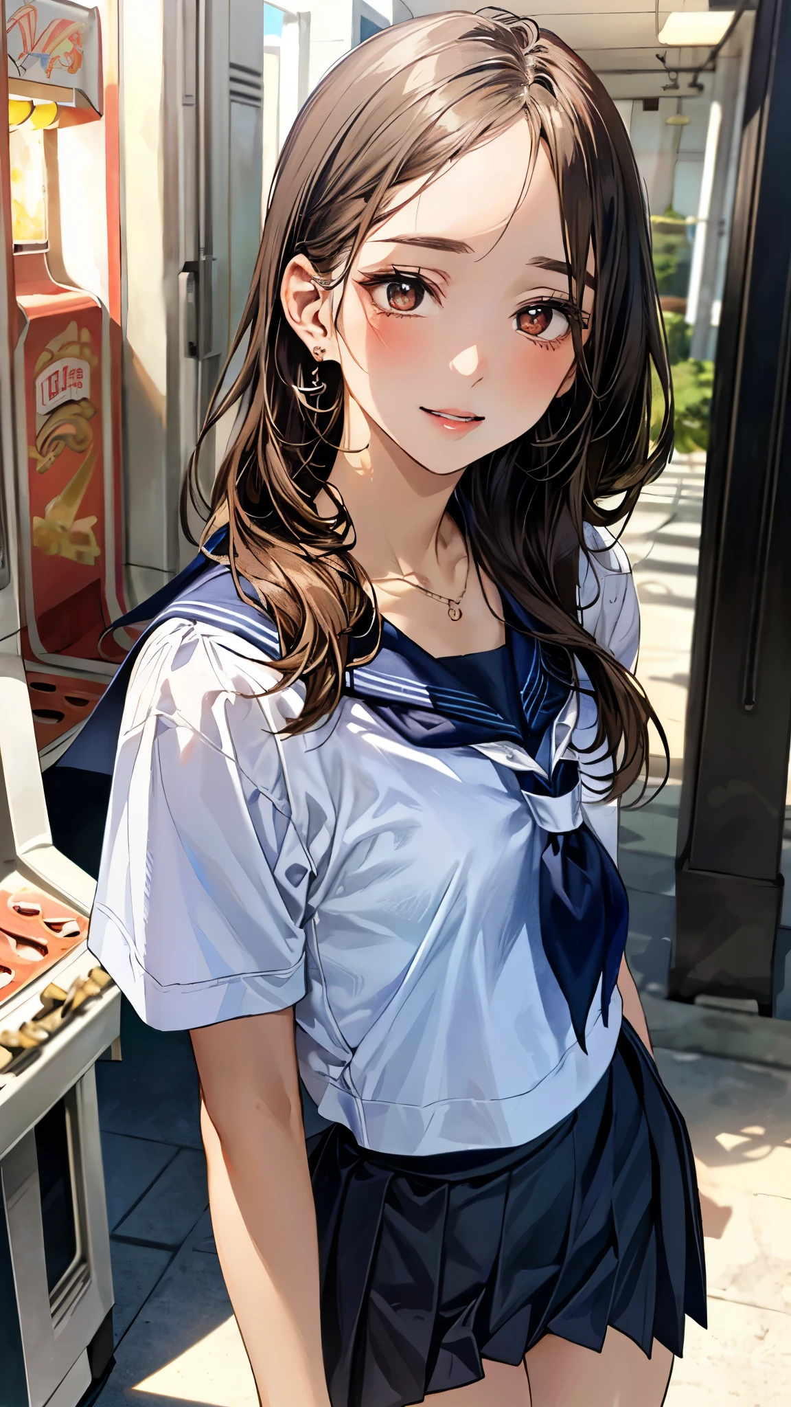 (masterpiece:1.2, top-quality), (realistic, photorealistic:1.4), beautiful illustration, (natural side lighting, movie lighting), nsfw, 
beautiful detailed hair, beautiful detailed face, beautiful detailed eyes, beautiful clavicle, beautiful body, beautiful chest, beautiful thigh, beautiful legs, beautiful hands, shiny skin, 
looking at viewer, (face focus, extreme close-up, portrait), 1 girl, japanese, high school girl, perfect face, cute and symmetrical face, shiny skin, 
(long hair, straight hair, brown hair), forehead, gray eyes, slant eyes, big eyes, long eye lasher, (medium breasts), (small ass, thin thighs), slender, outstanding style, 
((detailed cloth texture, serafuku, short sleeves, pleated skirt, sailor collar, scarf), finest underwear), earrings, necklace, 
(beautiful scenery), evening, summer, (amusement arcade), standing, (seductive smile, upper eyes, parted lips),