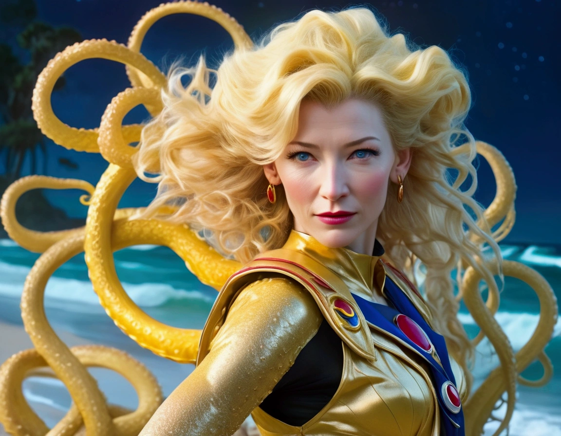 A hyper realistic Sailor Moon (portrayed by cate Blanchett, age 25, golden hair let down waist length, magical transformation to scout outfit) is on a moonlit beach, (demonic tentacle beasts erupt from the sand and sea near her, huge tentacles, slimy tentacles, fluorescent glow)