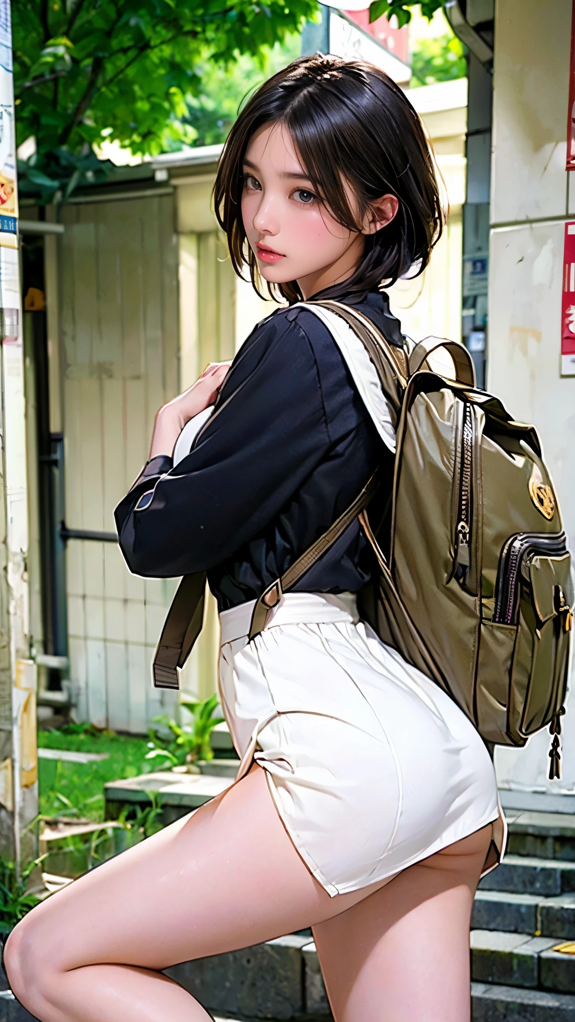 (((Accidental exposure, 15-year-old girl, Sailor suit, rucksack, Skirt caught in bag:1.3, I flipped up my skirt, Beautiful ass, Very small ass:1.4, panties))), (masterpiece:1.3), (8k, Realistic, RAW Photos, Highest quality: 1.4), Japan , (1 girl), Beautiful Face, (Realistic face), (Black Hair, short hair:1.3), Beautiful hairstyle, Realistic eyes, Beautiful Eyes, Beautiful Eyes, (Realistic skin), Beautiful Skin, Long legs, charm, Ultra-high resolution, Golden Ratio