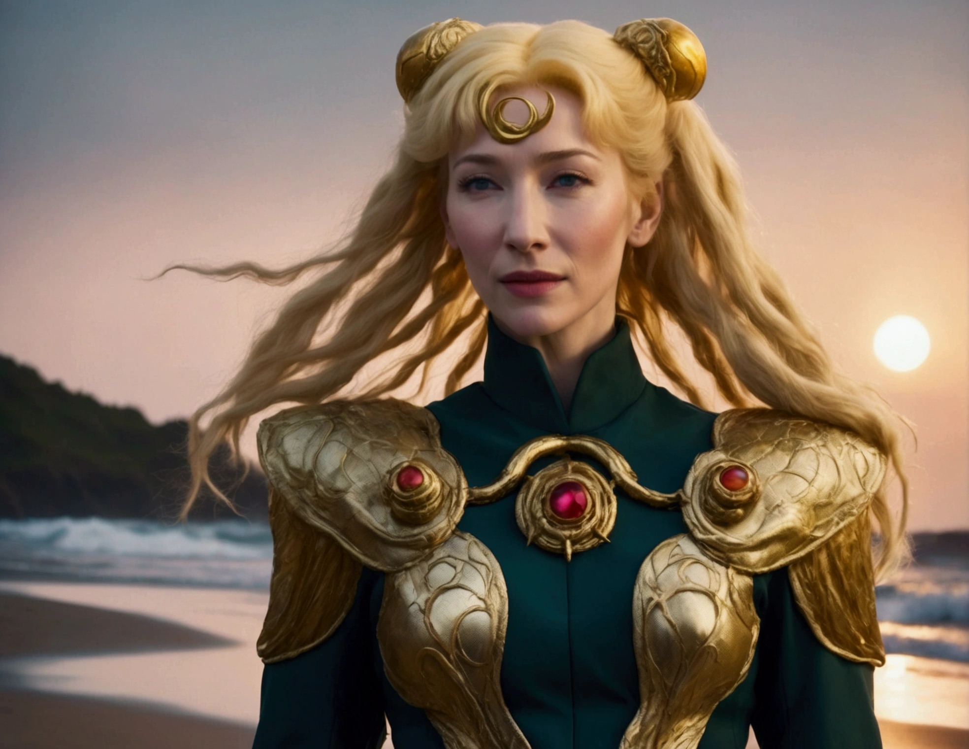 A hyper realistic Sailor Moon (portrayed by cate Blanchett, age 25, golden hair let down waist length, magical transformation to scout outfit) is on a moonlit beach, (demonic tentacle beasts erupt from the sand and sea near her, huge tentacles, slimy tentacles, fluorescent glow)
