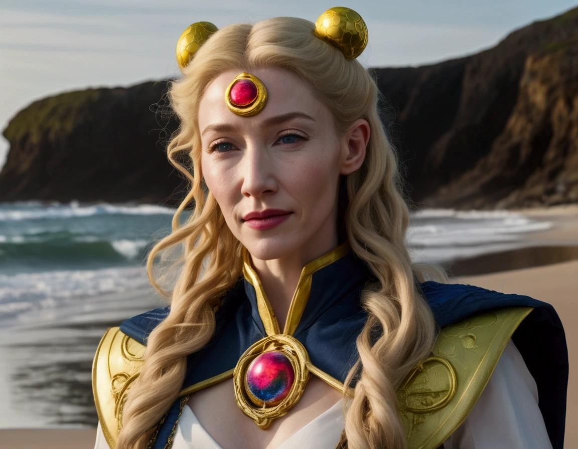 A hyper realistic Sailor Moon (portrayed by cate Blanchett, age 25, golden hair let down waist length, magical transformation to scout outfit) is on a moonlit beach, (demonic tentacle beasts erupt from the sand and sea near her, huge tentacles, slimy tentacles, fluorescent glow)
